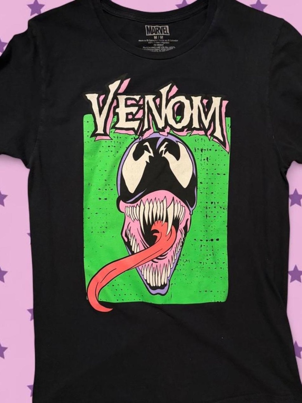 Marvel Black Venom Graphic Tee with Green & Pink Accent